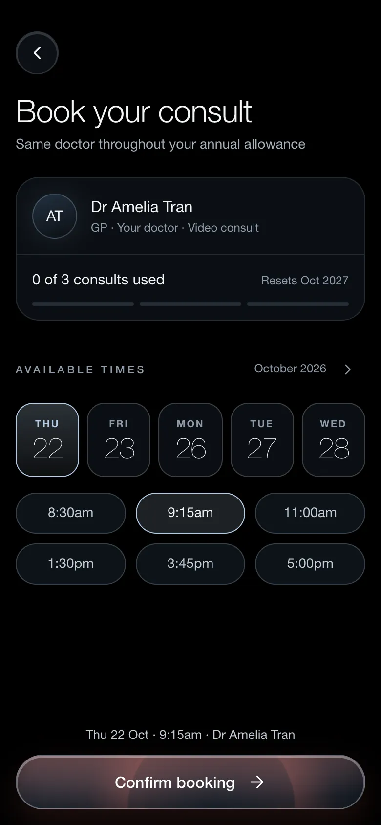 Book your consult screen in the Endorphin app