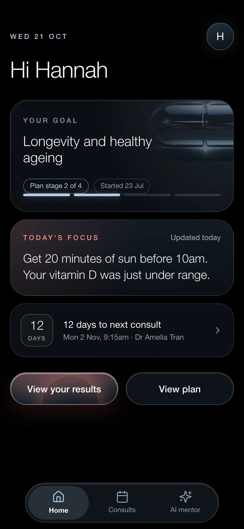Endorphin home screen with goal, today's focus and next consult