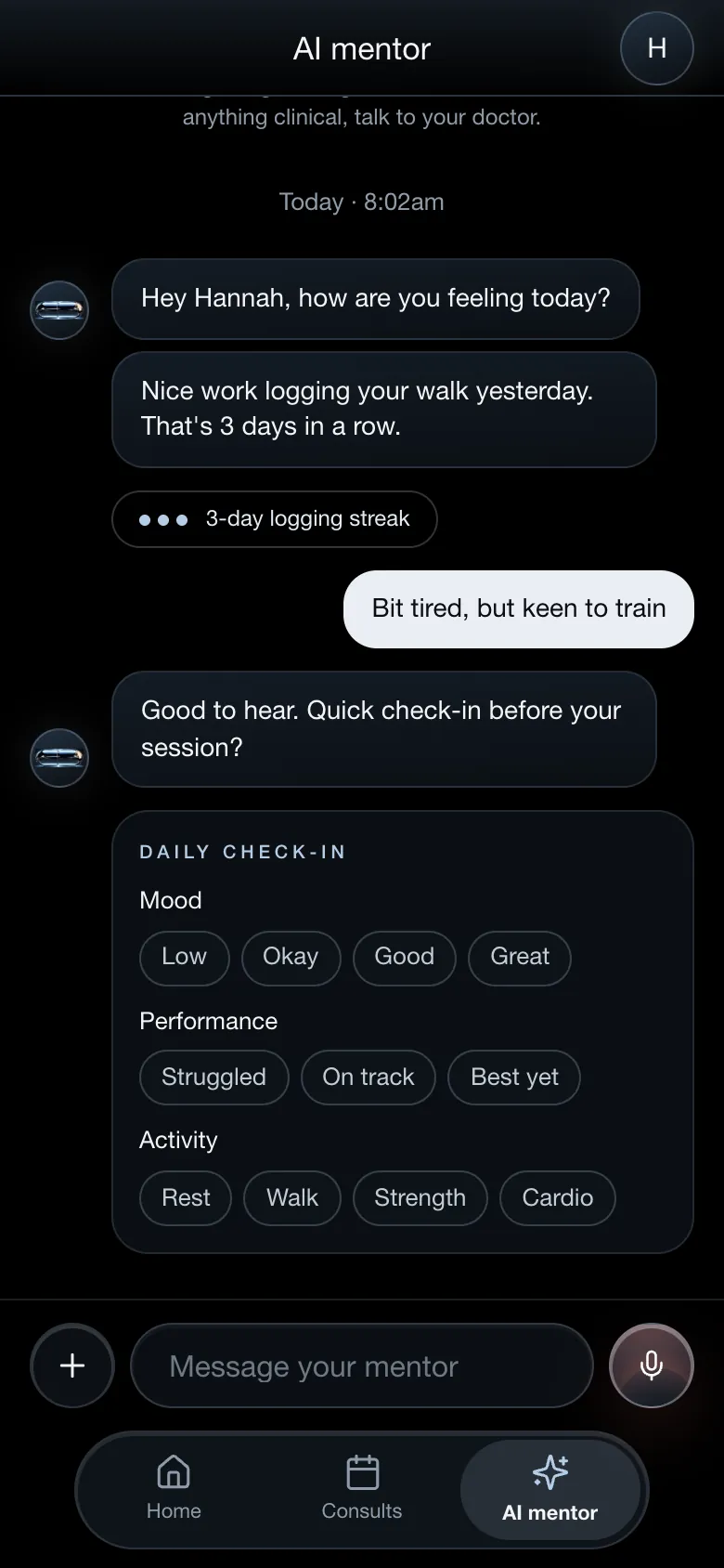 AI mentor daily check-in in the Endorphin app