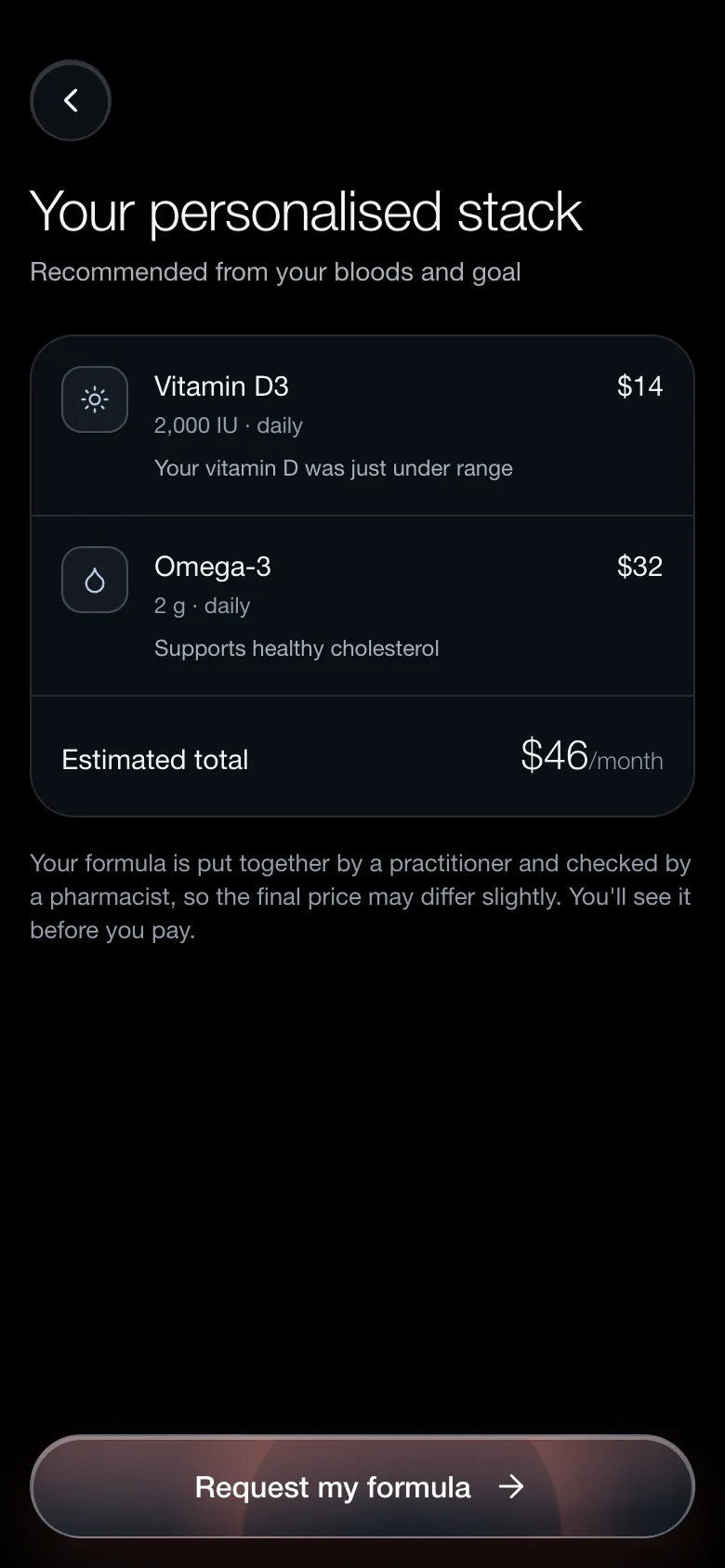 Personalised supplement stack in the Endorphin app